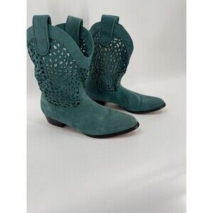 Vintage 80s Steve Fleming Aqua Western Mid Calf Boots Perforated Cut Out Size 7